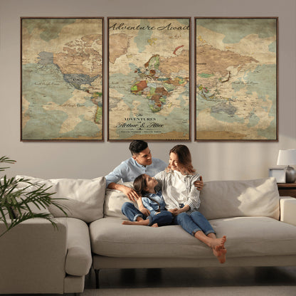 60798273-MGV-FC-60X30-3P_Walnut-Custom Push Pin World Map Wall Canvas Print – Personalized Travel Tracker with Pins – Framed Custom Quotie Canvas for Home Office Decor