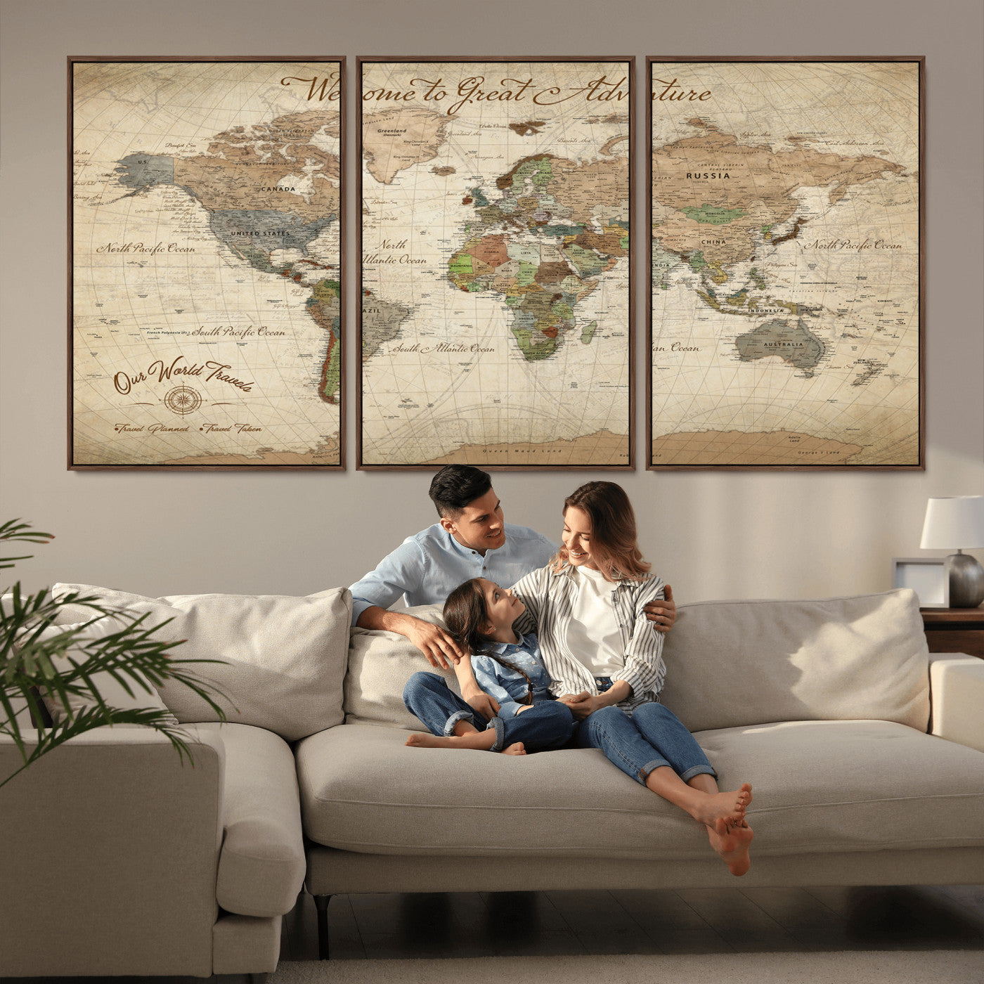 76478536-MGV-FC-60X30-3P_Walnut-Custom Push Pin World Map Wall Canvas Print – Personalized Travel Tracker with Pins – Framed Custom Quotie Canvas for Home Office Decor