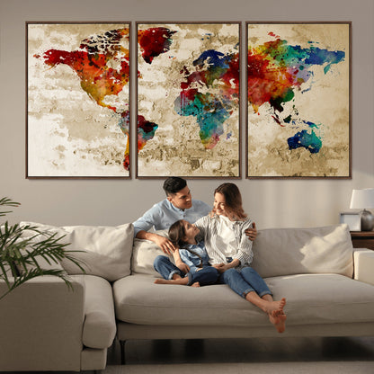 Push Pin World Map Canvas Print – Framed Wall Art for Couples to Track Their Travels – Anniversary Gift or Home Adventure Decor