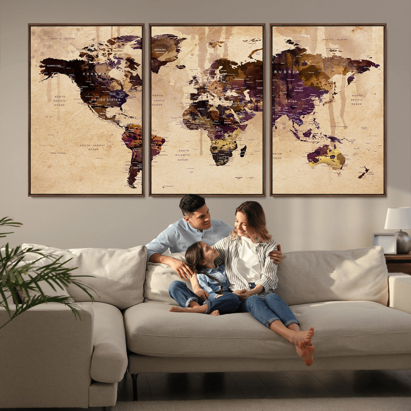 Push Pin World Map Canvas Print – Framed Wall Art for Couples to Track Their Travels – Anniversary Gift or Home Adventure Decor