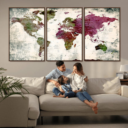 Push Pin World Map Canvas Print – Framed Wall Art for Couples to Track Their Travels – Anniversary Gift or Home Adventure Decor