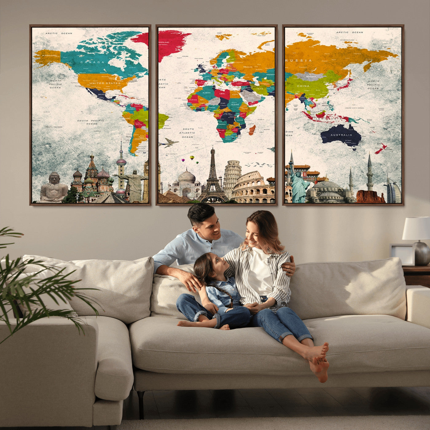Push Pin World Map Canvas Print – Framed Wall Art for Couples to Track Their Travels – Anniversary Gift or Home Adventure Decor