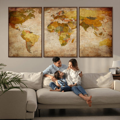 Push Pin World Map Canvas Print – Framed Wall Art for Couples to Track Their Travels – Anniversary Gift or Home Adventure Decor