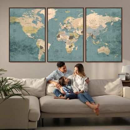 Classic World Map Wall Art Canvas Print, Framed Retro Map Art Picture Print, Vintage Atlas Perfect Rustic Explorer Decor Artwork