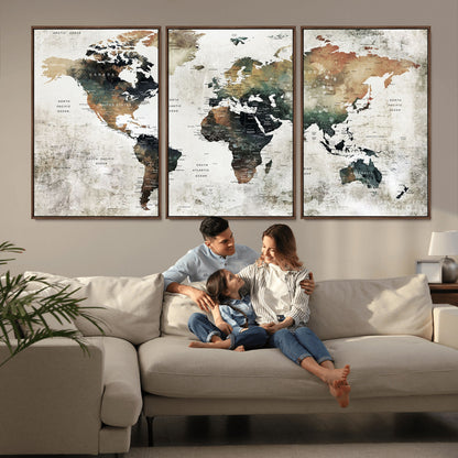 Push Pin World Map Canvas Print – Framed Wall Art for Couples to Track Their Travels – Anniversary Gift or Home Adventure Decor