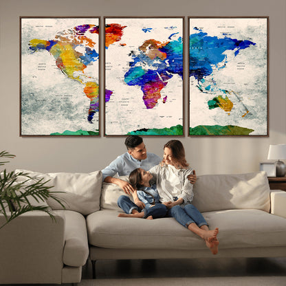 Push Pin World Map Canvas Print – Framed Wall Art for Couples to Track Their Travels – Anniversary Gift or Home Adventure Decor