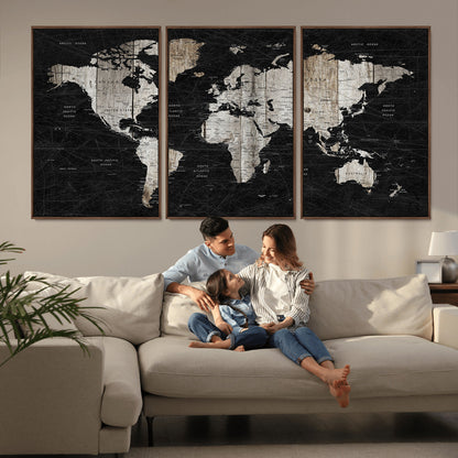 Push Pin World Map Canvas Print – Framed Wall Art for Couples to Track Their Travels – Anniversary Gift or Home Adventure Decor