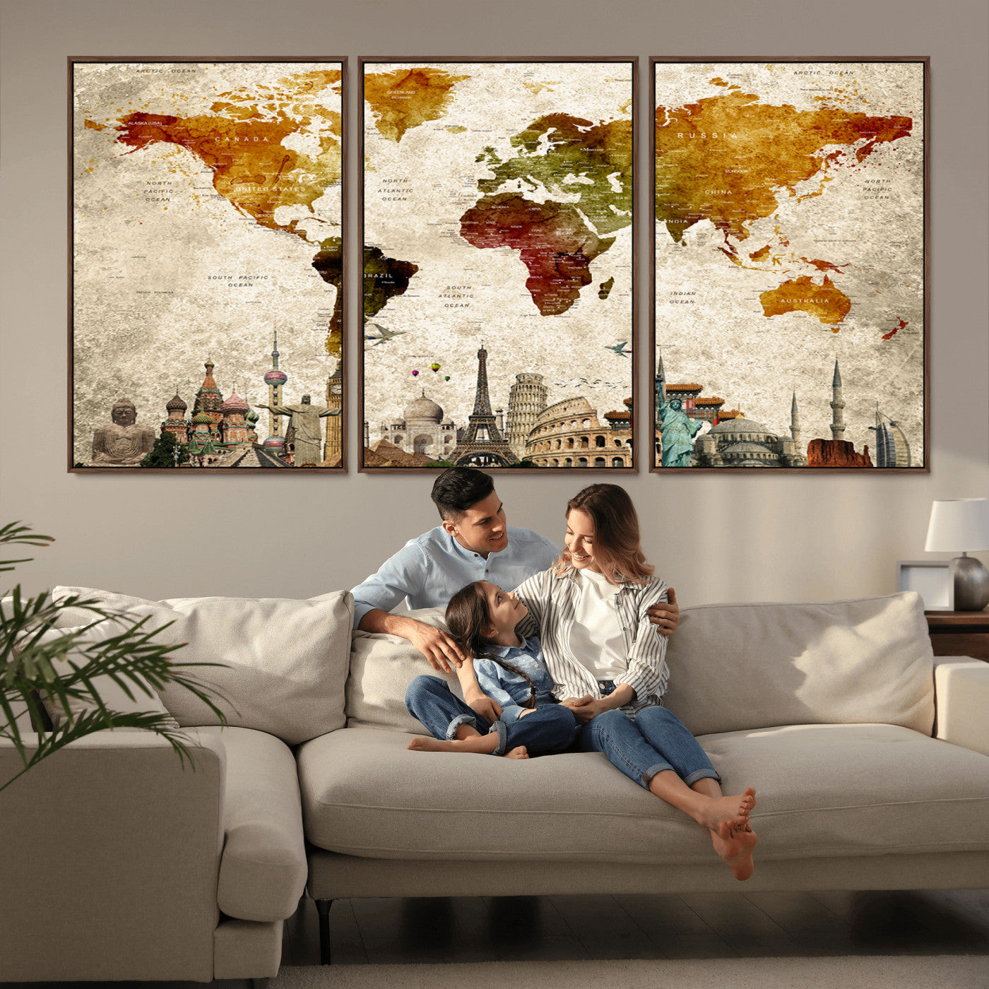 Push Pin World Map Canvas Print – Framed Wall Art for Couples to Track Their Travels – Anniversary Gift or Home Adventure Decor