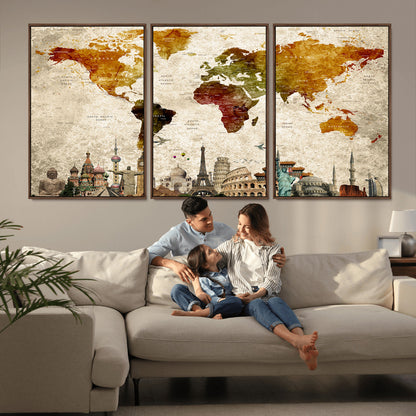 Push Pin World Map Canvas Print – Framed Wall Art for Couples to Track Their Travels – Anniversary Gift or Home Adventure Decor