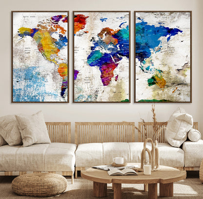 Push Pin World Map Canvas Print – Framed Wall Art for Couples to Track Their Travels – Anniversary Gift or Home Adventure Decor