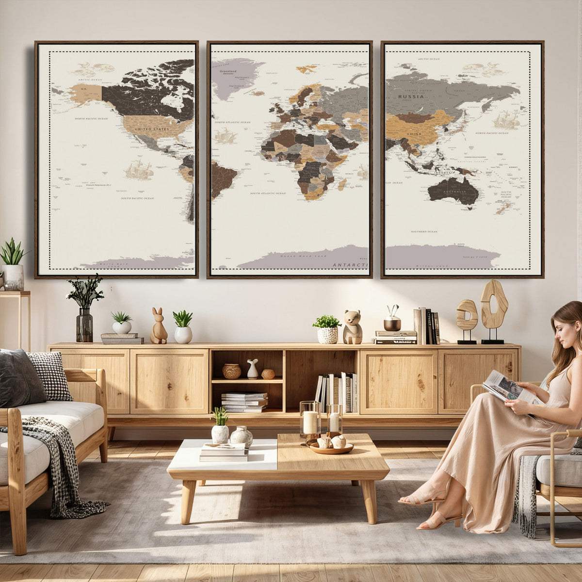 58777746-MGV-CV-36X24 - Custom Beige Modern Push Pin World Map Canvas Print, Places Visited Tracker, Bedroom and Study Decor