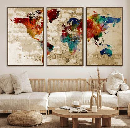 Push Pin World Map Canvas Print – Framed Wall Art for Couples to Track Their Travels – Anniversary Gift or Home Adventure Decor