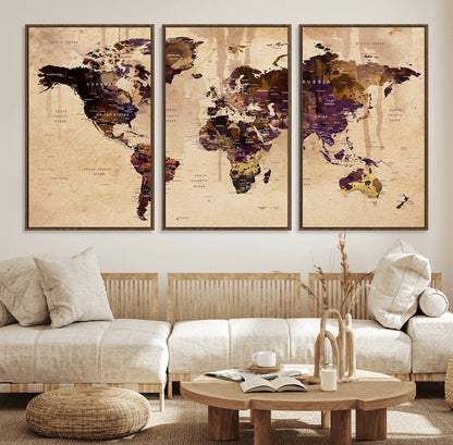 Push Pin World Map Canvas Print – Framed Wall Art for Couples to Track Their Travels – Anniversary Gift or Home Adventure Decor
