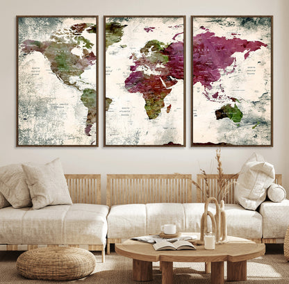 Push Pin World Map Canvas Print – Framed Wall Art for Couples to Track Their Travels – Anniversary Gift or Home Adventure Decor