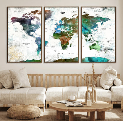 Push Pin World Map Canvas Print – Framed Wall Art for Couples to Track Their Travels – Anniversary Gift or Home Adventure Decor