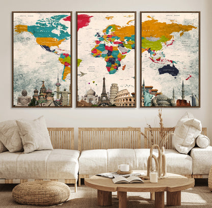 Push Pin World Map Canvas Print – Framed Wall Art for Couples to Track Their Travels – Anniversary Gift or Home Adventure Decor
