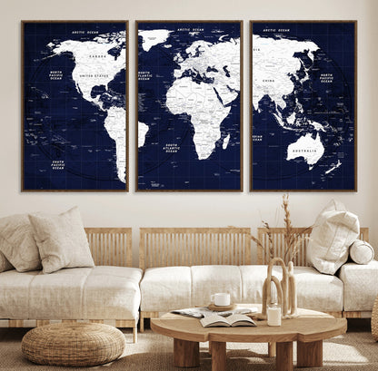 Push Pin World Map Canvas Print – Framed Wall Art for Couples to Track Their Travels – Anniversary Gift or Home Adventure Decor