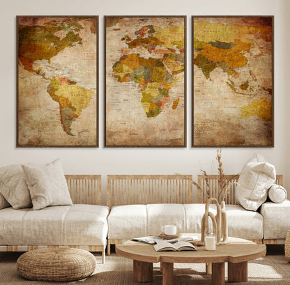 Push Pin World Map Canvas Print – Framed Wall Art for Couples to Track Their Travels – Anniversary Gift or Home Adventure Decor