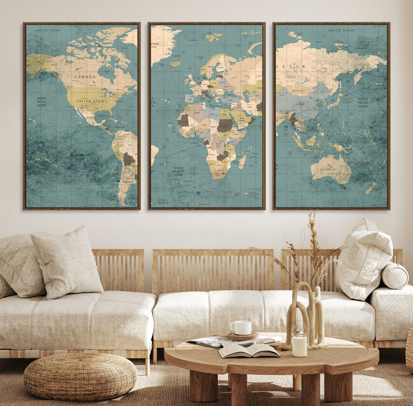 Classic World Map Wall Art Canvas Print, Framed Retro Map Art Picture Print, Vintage Atlas Perfect Rustic Explorer Decor Artwork