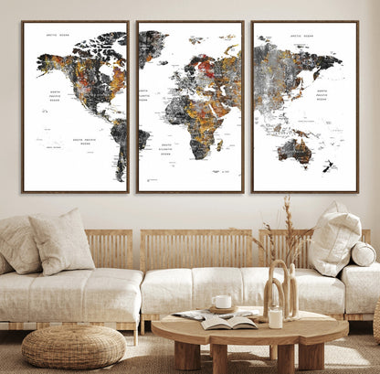 Push Pin World Map Canvas Print – Framed Wall Art for Couples to Track Their Travels – Anniversary Gift or Home Adventure Decor