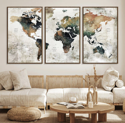 Push Pin World Map Canvas Print – Framed Wall Art for Couples to Track Their Travels – Anniversary Gift or Home Adventure Decor