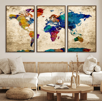 Push Pin World Map Canvas Print – Framed Wall Art for Couples to Track Their Travels – Anniversary Gift or Home Adventure Decor