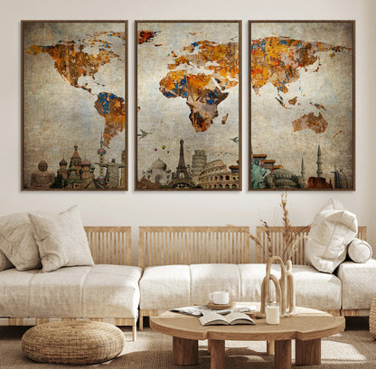 Push Pin World Map Canvas Print – Framed Wall Art for Couples to Track Their Travels – Anniversary Gift or Home Adventure Decor