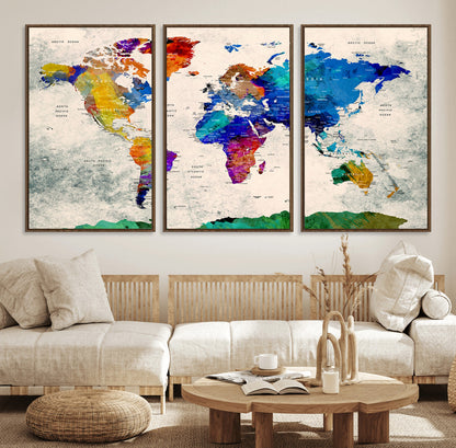 Push Pin World Map Canvas Print – Framed Wall Art for Couples to Track Their Travels – Anniversary Gift or Home Adventure Decor