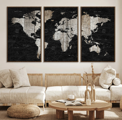 Push Pin World Map Canvas Print – Framed Wall Art for Couples to Track Their Travels – Anniversary Gift or Home Adventure Decor