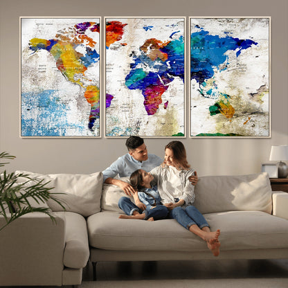 Push Pin World Map Canvas Print – Framed Wall Art for Couples to Track Their Travels – Anniversary Gift or Home Adventure Decor