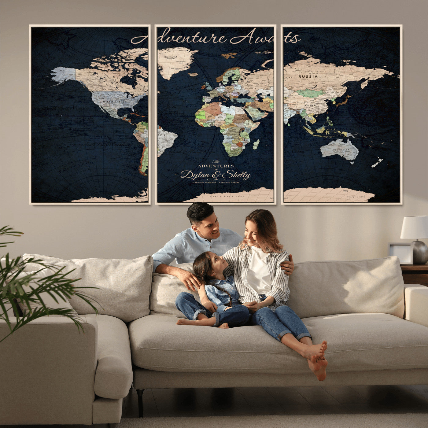 43186793-MGV-FC-60X30-3P_Natural-Personalized World Map Print, Customizable Push Pin Framed World Map Print on Canvas - Custom Quote on Map Print