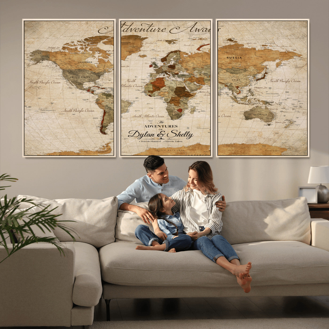 20810820-MGV-FC-60X30-3P_Natural-Personalized World Map Print, Customizable Push Pin Framed World Map Print on Canvas - Custom Quote on Map Print