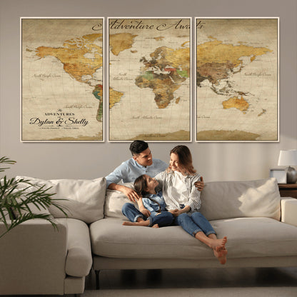 50298017-MGV-FC-60X30-3P_Natural-Personalized World Map Print, Customizable Push Pin Framed World Map Print on Canvas - Custom Quote on Map Print
