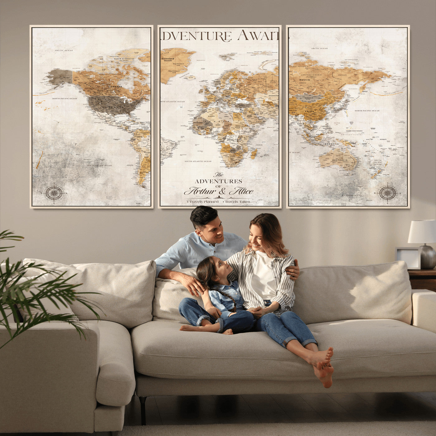 99422096-MGV-FC-60X30-3P_Natural-Custom Push Pin World Map Wall Canvas Print – Personalized Travel Tracker with Pins – Framed Custom Quotie Canvas for Home Office Decor