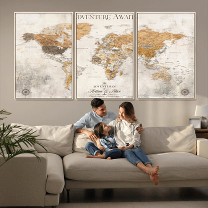99422096-MGV-FC-60X30-3P_Natural-Custom Push Pin World Map Wall Canvas Print – Personalized Travel Tracker with Pins – Framed Custom Quotie Canvas for Home Office Decor