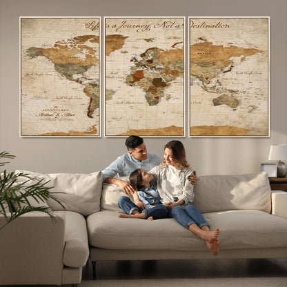 79036691-MGV-FC-60X30-3P_Natural-Custom Push Pin World Map Wall Canvas Print – Personalized Travel Tracker with Pins – Framed Custom Quotie Canvas for Home Office Decor