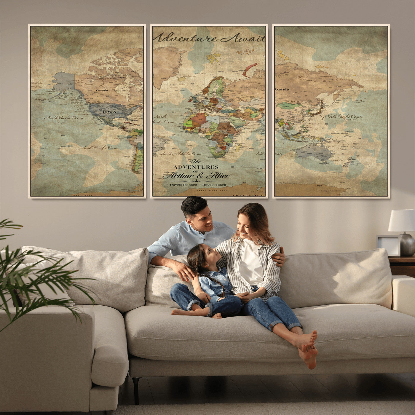 60798273-MGV-FC-60X30-3P_Natural-Custom Push Pin World Map Wall Canvas Print – Personalized Travel Tracker with Pins – Framed Custom Quotie Canvas for Home Office Decor