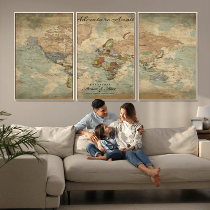 60798273-MGV-FC-60X30-3P_Natural-Custom Push Pin World Map Wall Canvas Print – Personalized Travel Tracker with Pins – Framed Custom Quotie Canvas for Home Office Decor