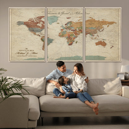 17587858-MGV-FC-60X30-3P_Natural-Custom Push Pin World Map Wall Canvas Print – Personalized Travel Tracker with Pins – Framed Custom Quotie Canvas for Home Office Decor