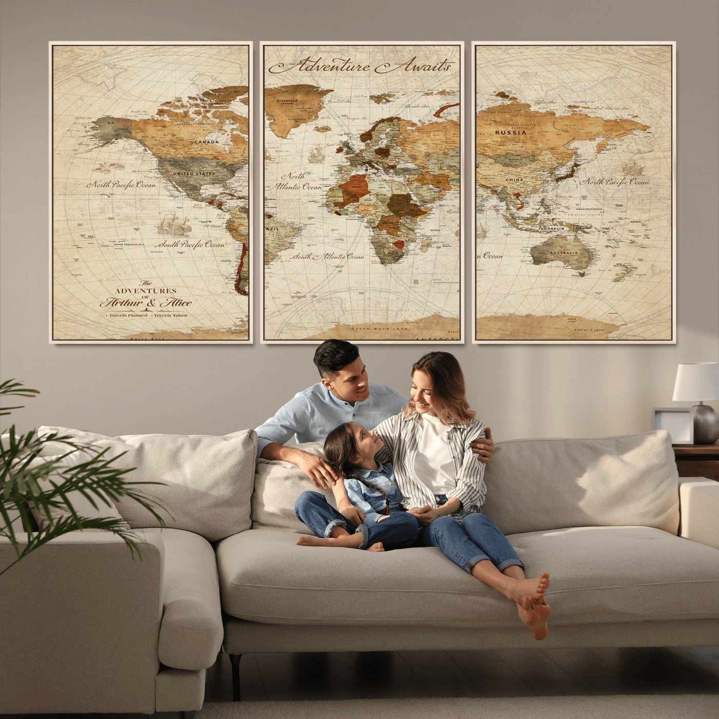 64295326-MGV-FC-60X30-3P_Natural-Custom Push Pin World Map Wall Canvas Print – Personalized Travel Tracker with Pins – Framed Custom Quotie Canvas for Home Office Decor