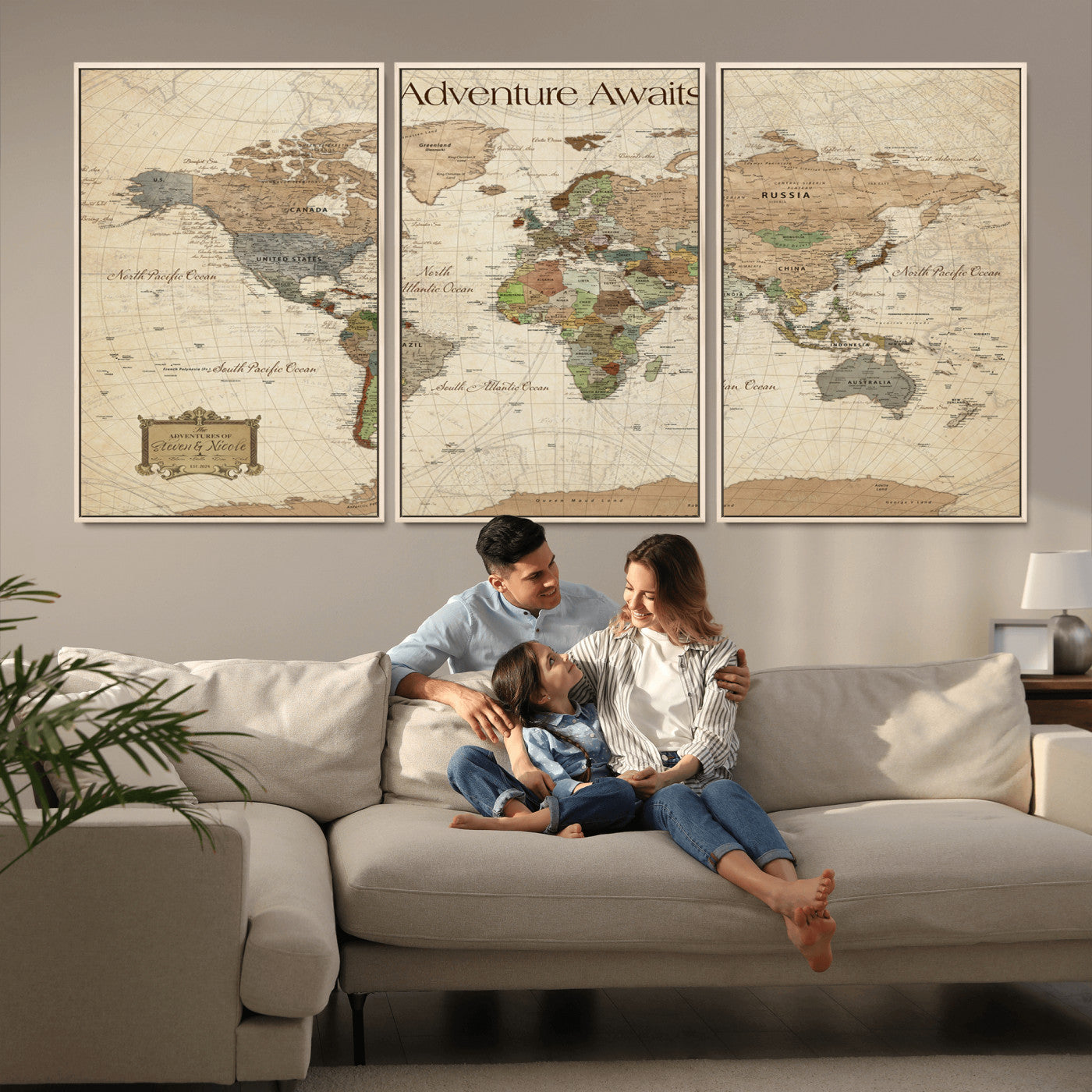 33020399-MGV-FC-60X30-3P_Natural-Custom Push Pin World Map Wall Canvas Print – Personalized Travel Tracker with Pins – Framed Custom Quotie Canvas for Home Office Decor