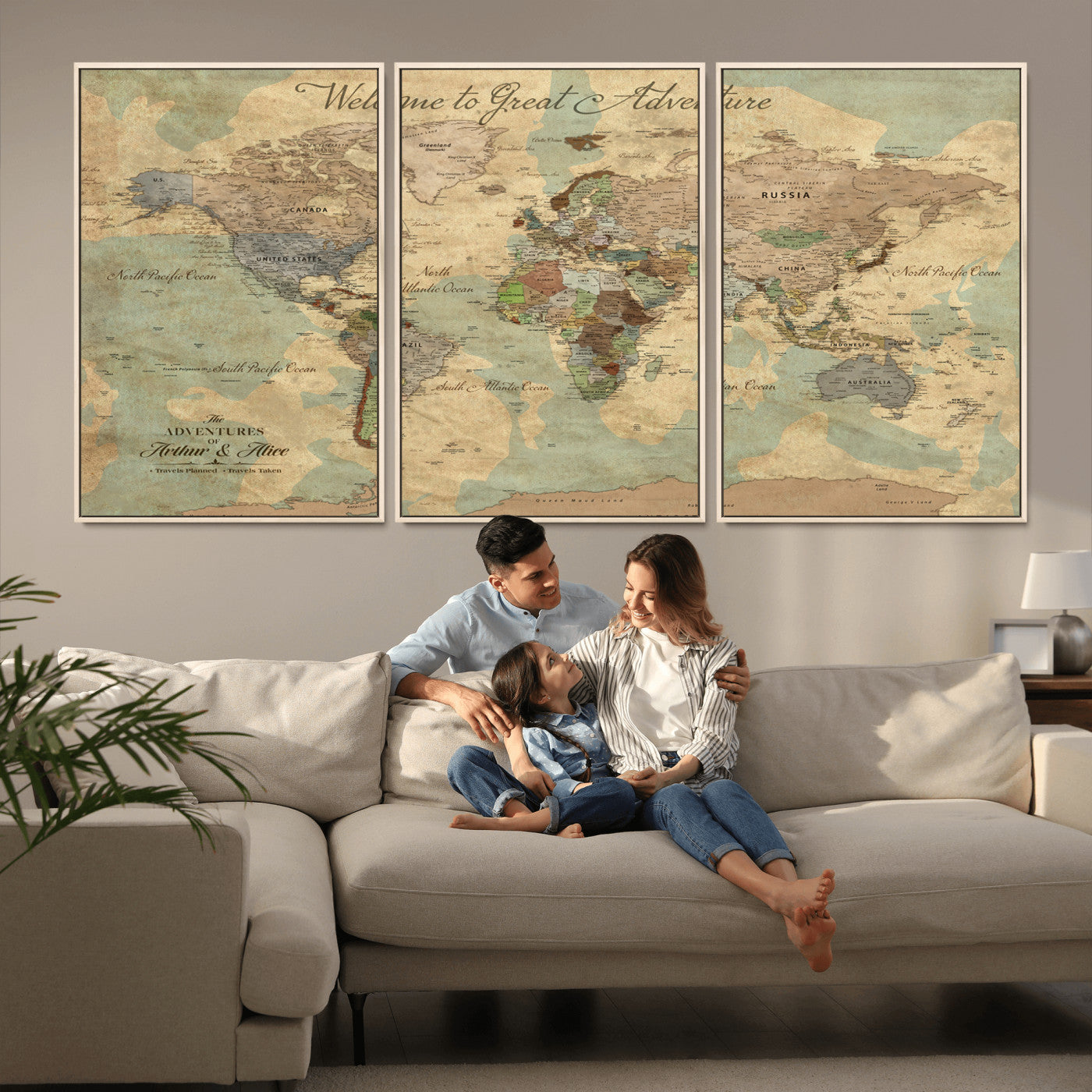 37466236-MGV-FC-60X30-3P_Natural-Custom Push Pin World Map Wall Canvas Print – Personalized Travel Tracker with Pins – Framed Custom Quotie Canvas for Home Office Decor