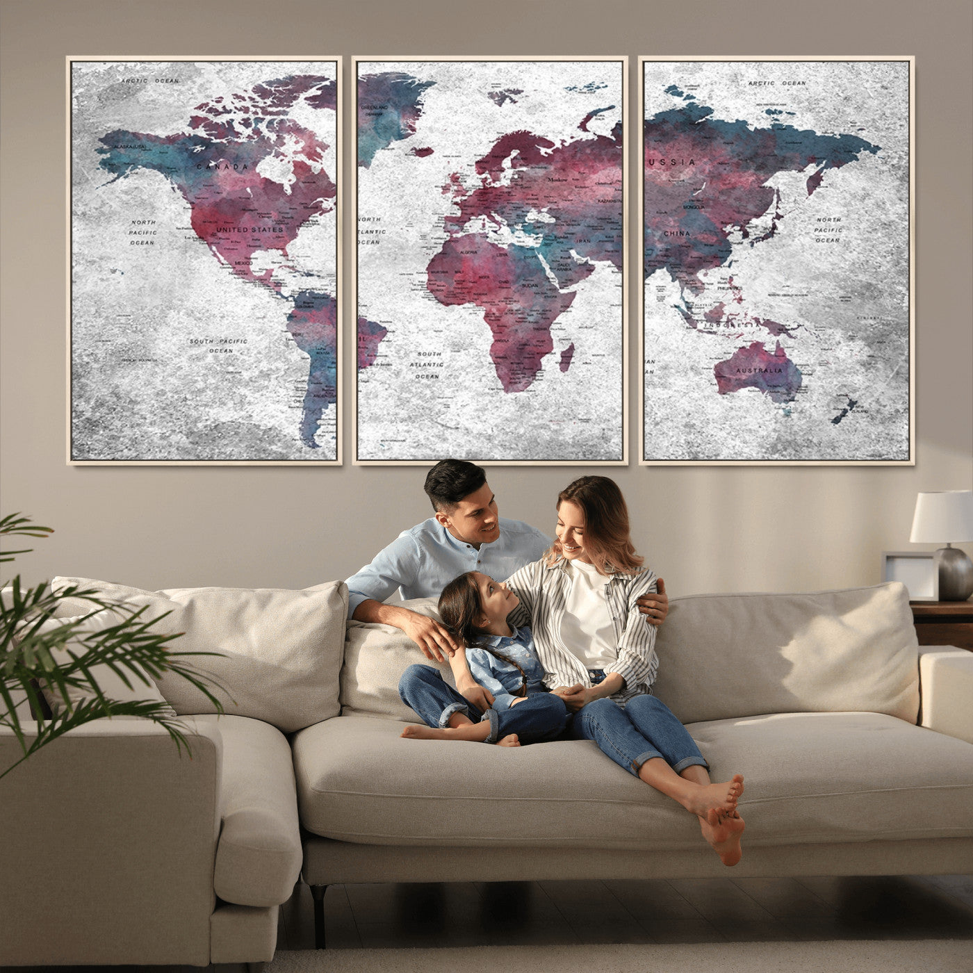 Push Pin World Map Canvas Print – Framed Wall Art for Couples to Track Their Travels – Anniversary Gift or Home Adventure Decor