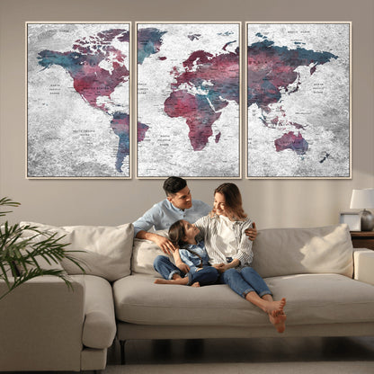 Push Pin World Map Canvas Print – Framed Wall Art for Couples to Track Their Travels – Anniversary Gift or Home Adventure Decor
