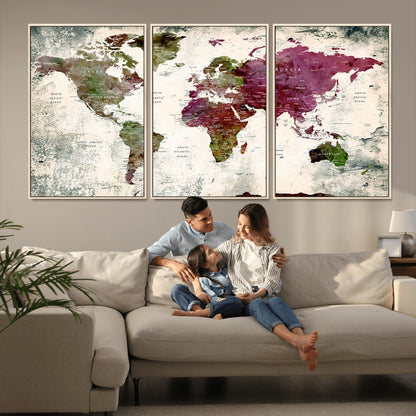 Push Pin World Map Canvas Print – Framed Wall Art for Couples to Track Their Travels – Anniversary Gift or Home Adventure Decor