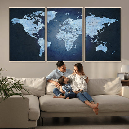 Push Pin World Map Canvas Print – Framed Wall Art for Couples to Track Their Travels – Anniversary Gift or Home Adventure Decor