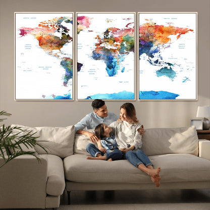 Push Pin World Map Canvas Print – Framed Wall Art for Couples to Track Their Travels – Anniversary Gift or Home Adventure Decor