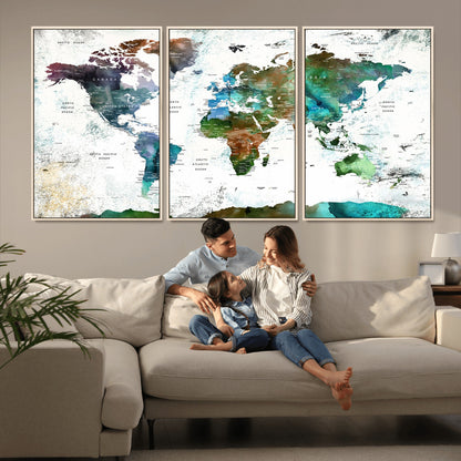 Push Pin World Map Canvas Print – Framed Wall Art for Couples to Track Their Travels – Anniversary Gift or Home Adventure Decor