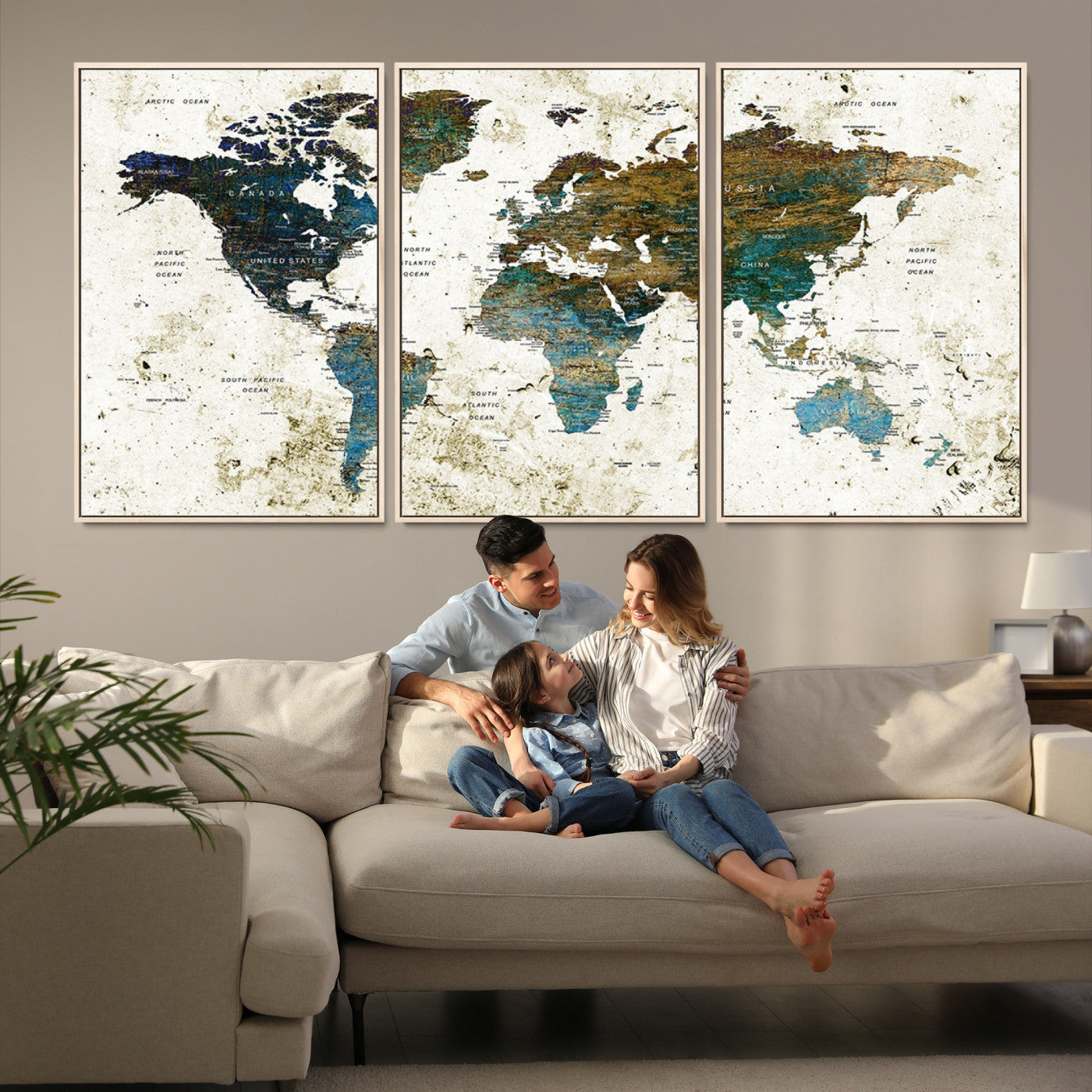 Vintage World Map Wall Art Canvas Print, Framed Rustic Earth Map Art Picture Print, Antique Map Perfect Rustic Vintage Decor Artwork