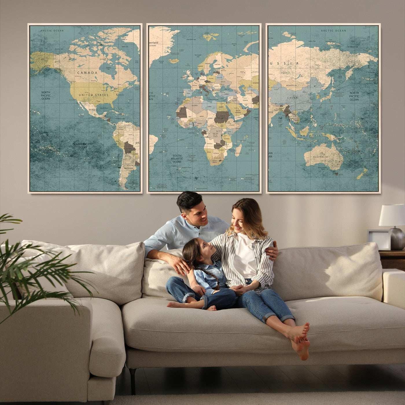 Classic World Map Wall Art Canvas Print, Framed Retro Map Art Picture Print, Vintage Atlas Perfect Rustic Explorer Decor Artwork
